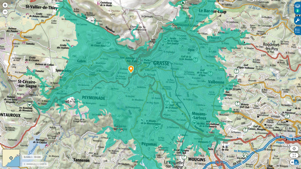 Carte des communes situées à moins de 15 minutes en voiture de l’école, à Grasse
